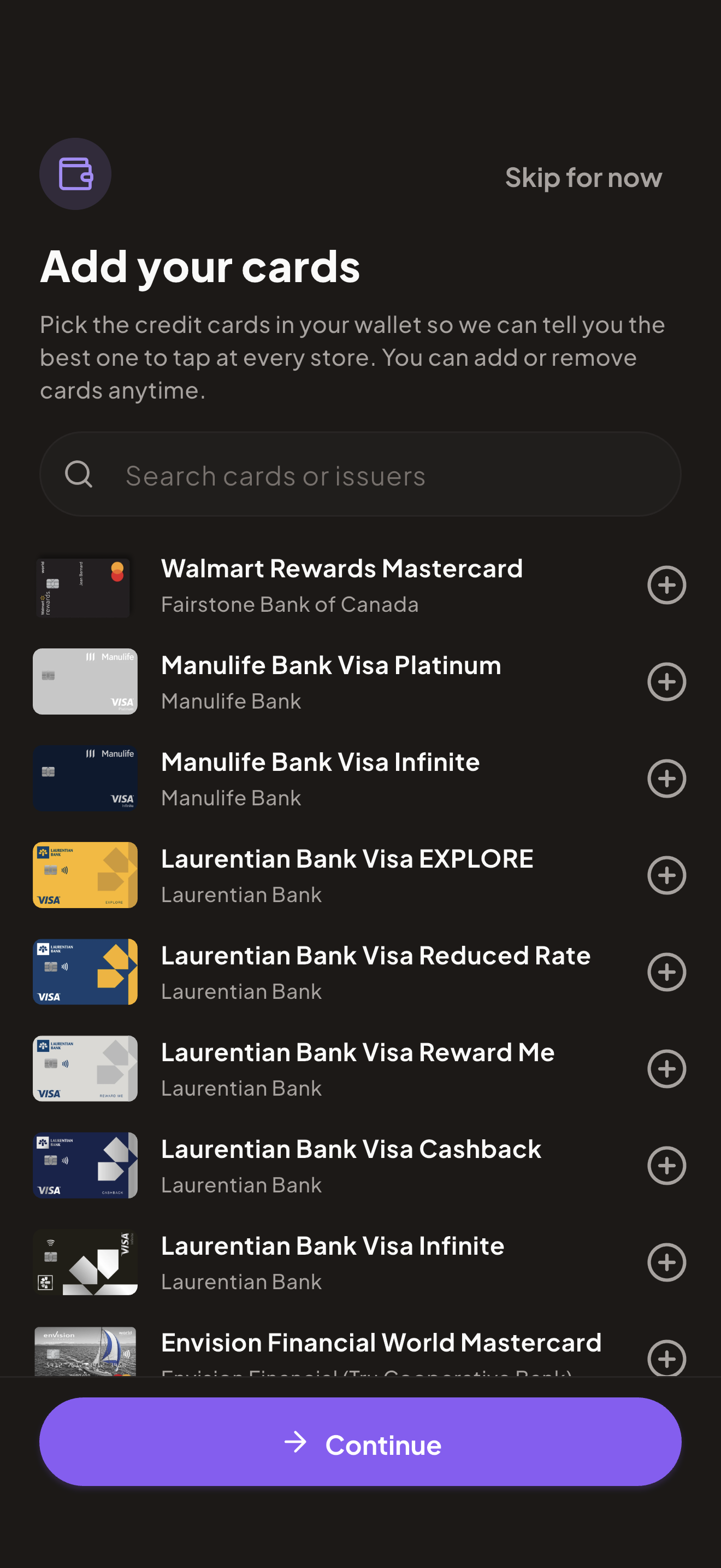 Tap Compass onboarding: add the credit cards you carry